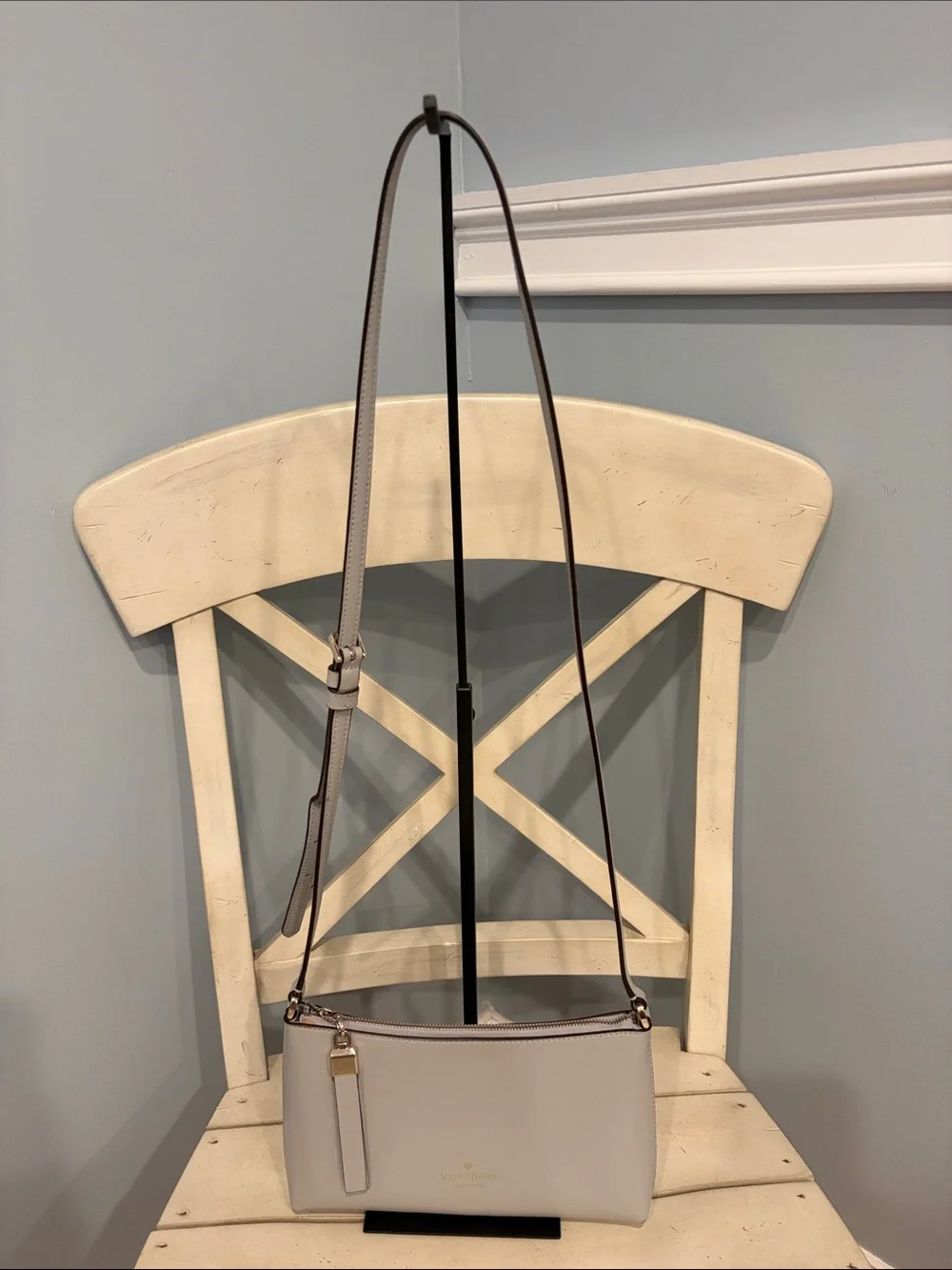 kate spade Sadie Pale Gray Saffiano Crossbody with Gold Hardware